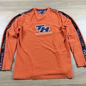 Vintage Tommy Hilfiger Shirt Men Y2K Long Sleeve Spell Out TH Jeans Orang Blue